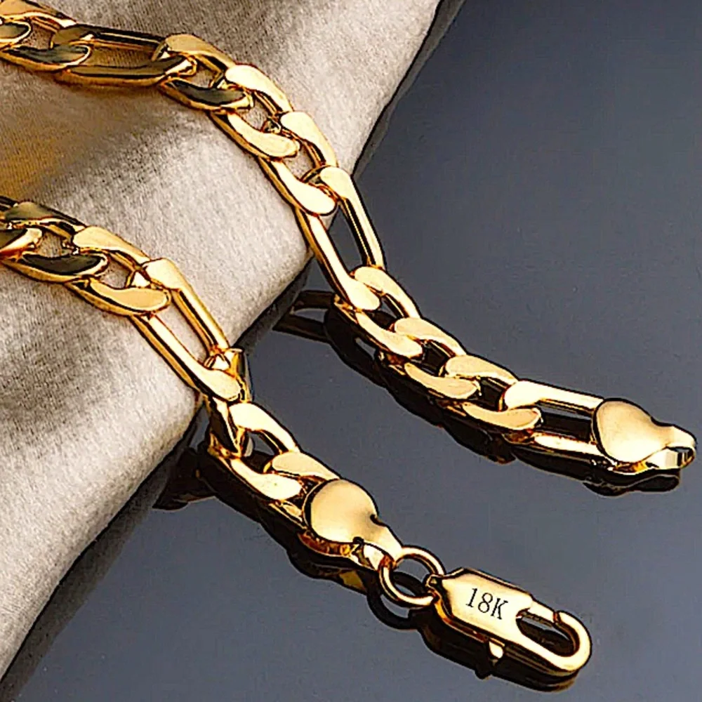 18K GOLD PLATED CUBAN FIGARO CHAIN LINK UNISEX NECKLACE BRACELET SET - Picture 12 of 14